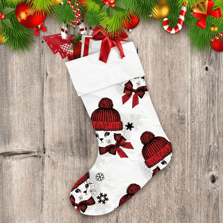 Lovely Cat In Red Cap And Scarf With Snowflakes Ornate Drawn Christmas Stocking