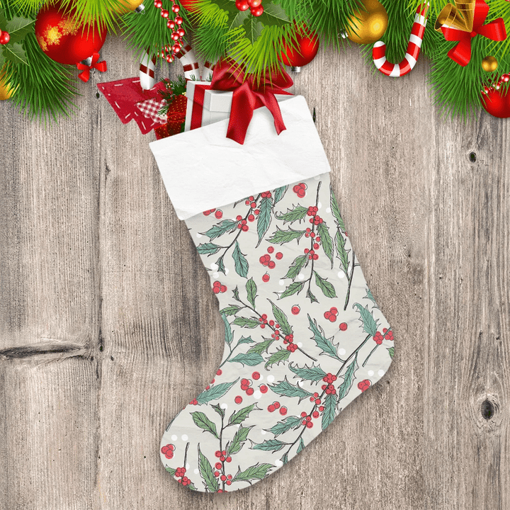 Hand Painted Red Berries And Leaves Branches Pattern Christmas Stocking