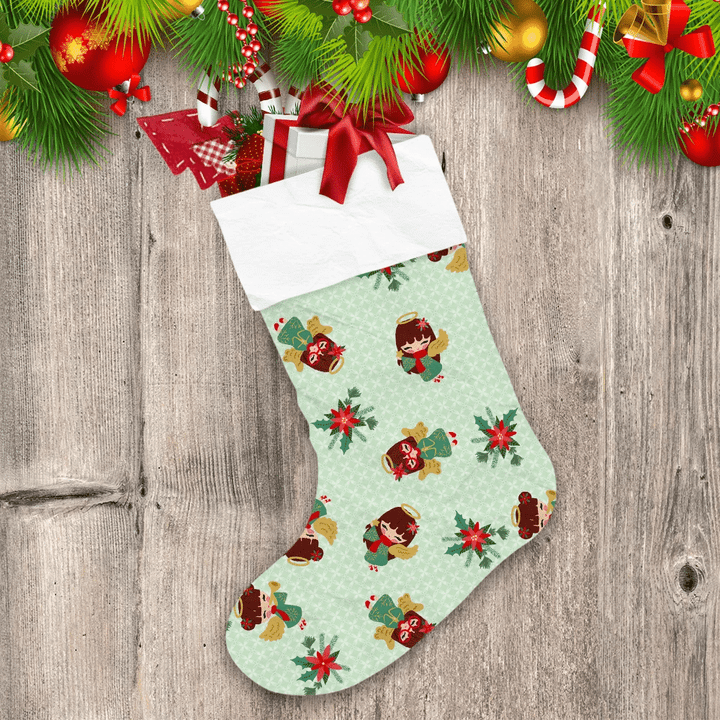 Pretty Angels With Golden Wings Flying On Christmas Floral Christmas Stocking