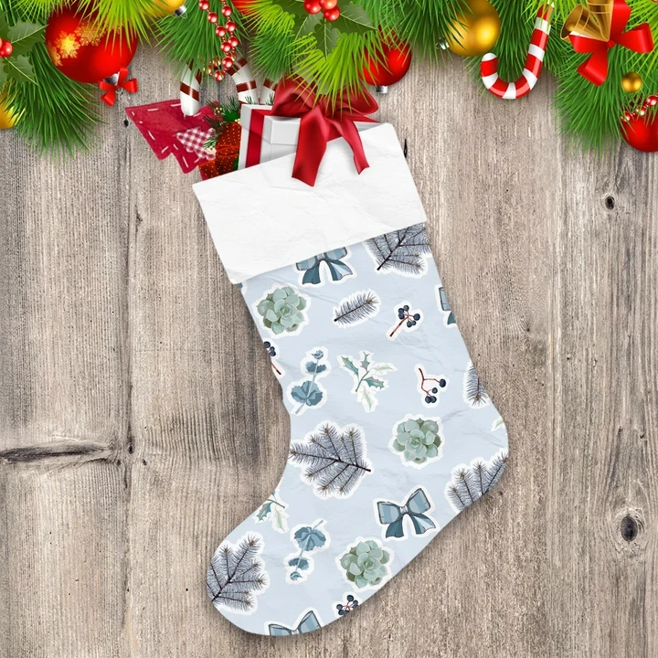 Charming Flowers Pine Leaves Bows And Holly Berries In Blue Pattern Christmas Stocking