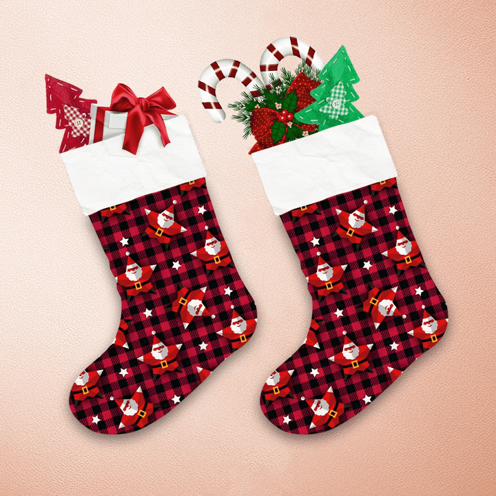 Christmas Five Point Star Santa Claus On Black And Red Checkered Background Christmas Stocking