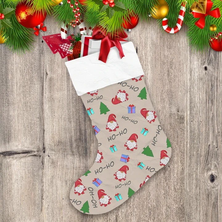 Cute Gift Boxes With Gnomes And Santa Laugh Text Christmas Stocking