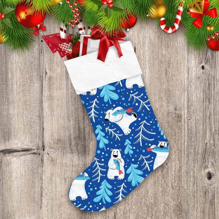 Theme Christmas Cute Polar Bear With Fish And Fir Trees Christmas Stocking