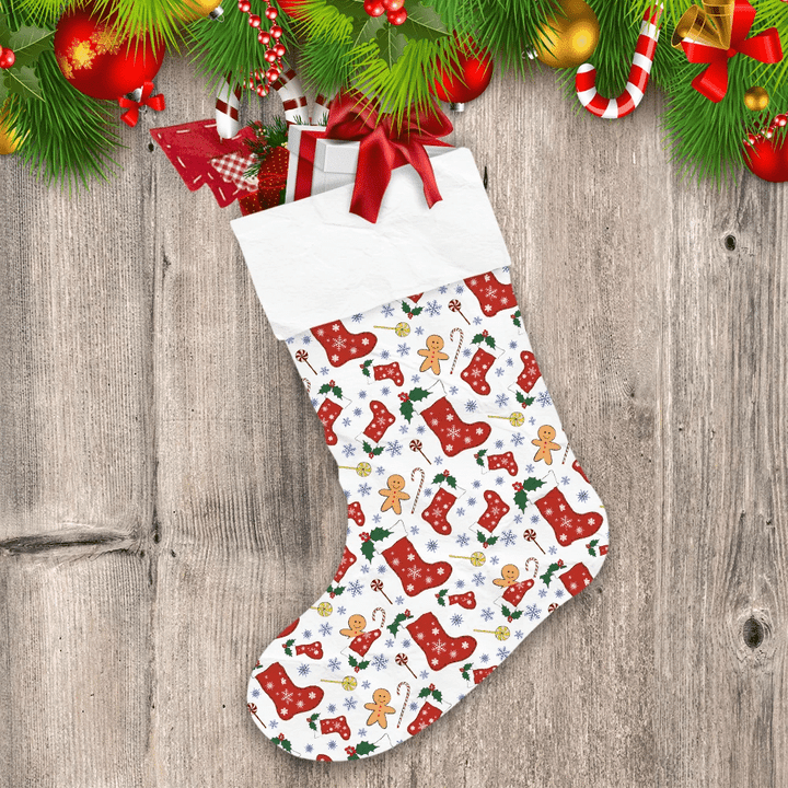Red Socks With Snowflake Biscuits And Christmas Candies Cane Christmas Stocking