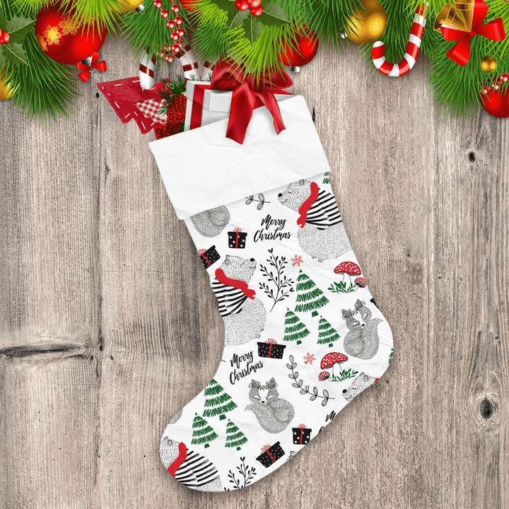 Merry Christmas Lettering Bear Tree And Black Gift Boxes Christmas Stocking