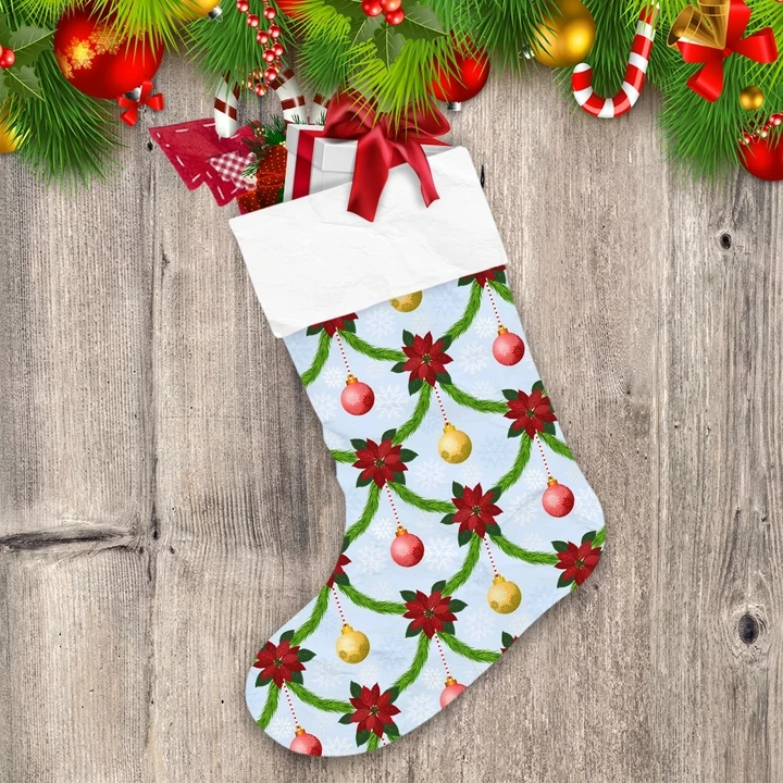 Christmas Colorful Decorative Balls And Red Poinsettia Christmas Stocking
