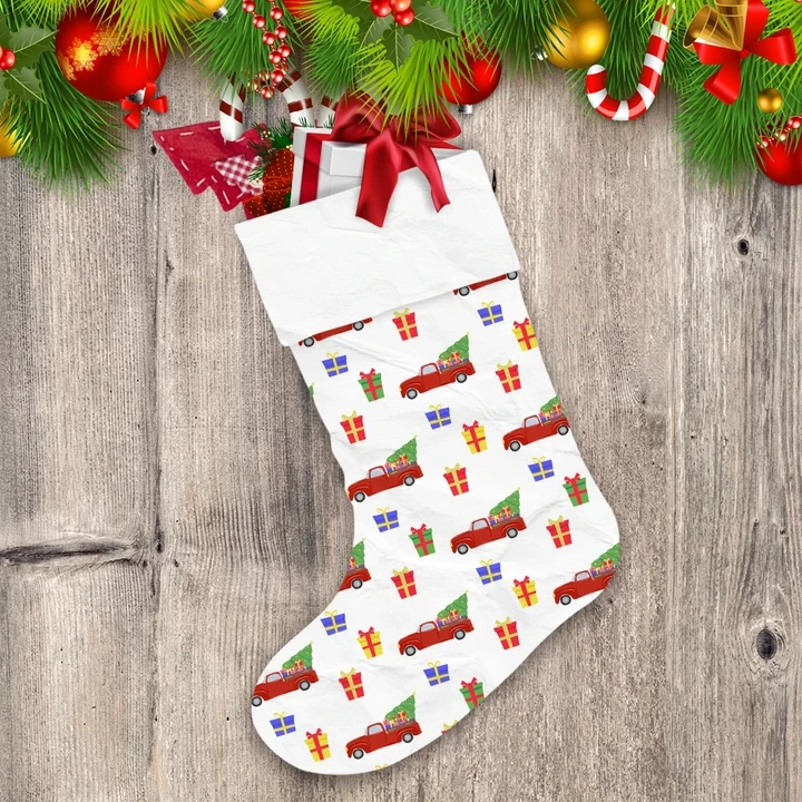 Paper Wrapped Gift Boxes On Red Trucks Roof Pattern Christmas Stocking