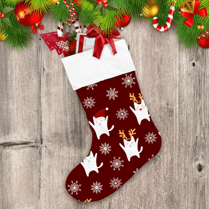 Christmas Cat Red Background With Snowflakes Christmas Stocking