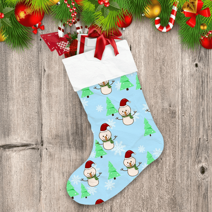 Snowman With Red Hat Christmas Tree And Snowflakes Christmas Stocking