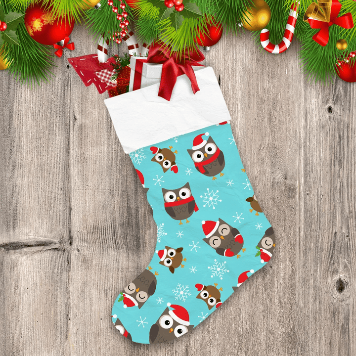 Cute Owls With Red Scarf And Santa Hat Snowflake Background Merry Xmas Christmas Stocking