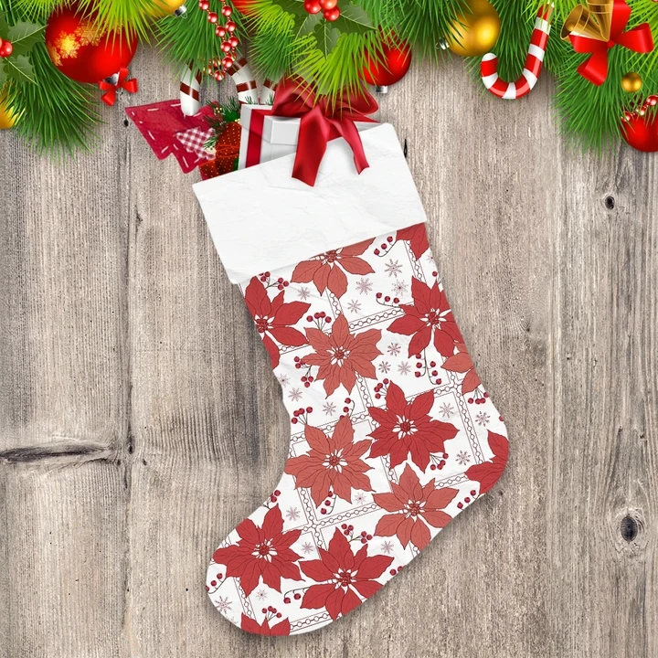 Pretty Poinsettia Flowers And Berries On Square Pattern Christmas Stocking