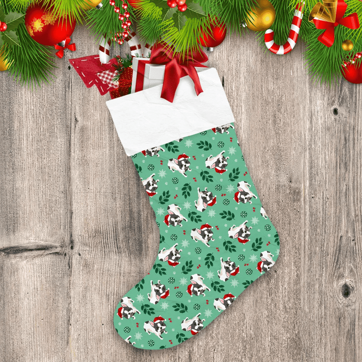 French Bulldog And Holly Berry On Green Christmas Stocking