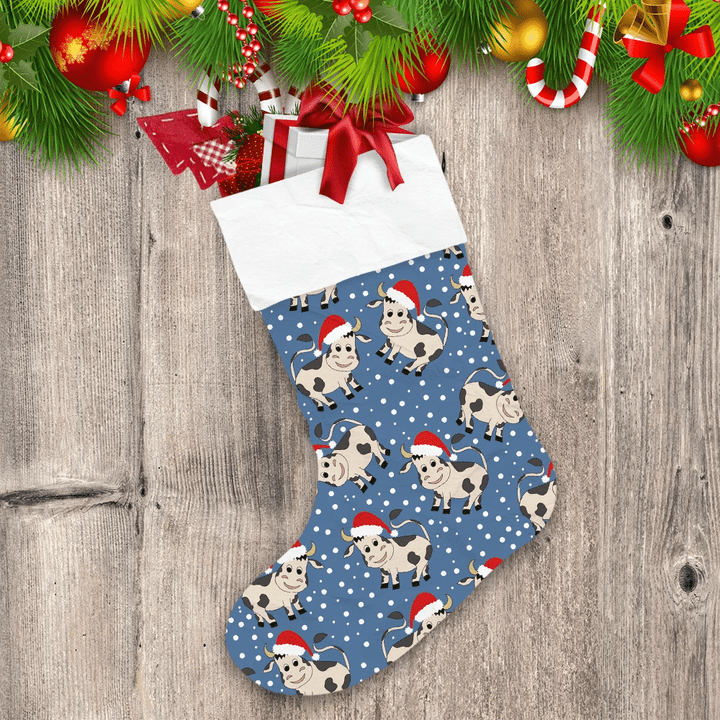 Christmas Cute Cow Baby In Santa Claus Hat And Snow Christmas Stocking