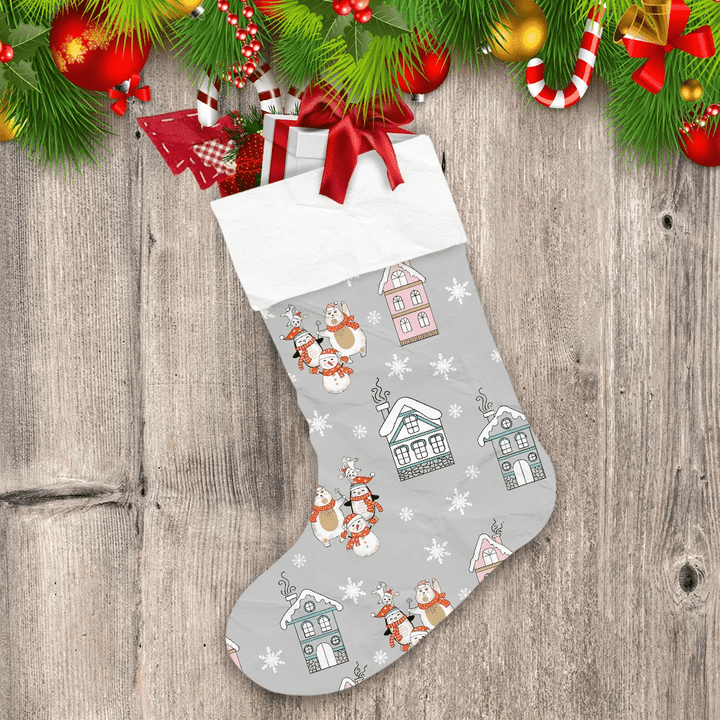 Christmas Cute Penguins And Houses With Falling Snowflakes Christmas Stocking