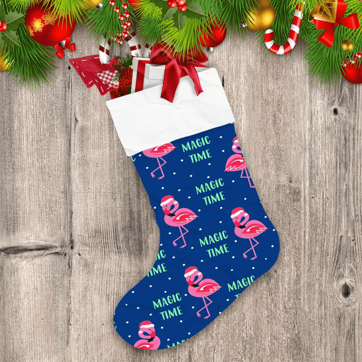 Christmas Flamingo In Red Hat And Lettering Magic Time Christmas Stocking