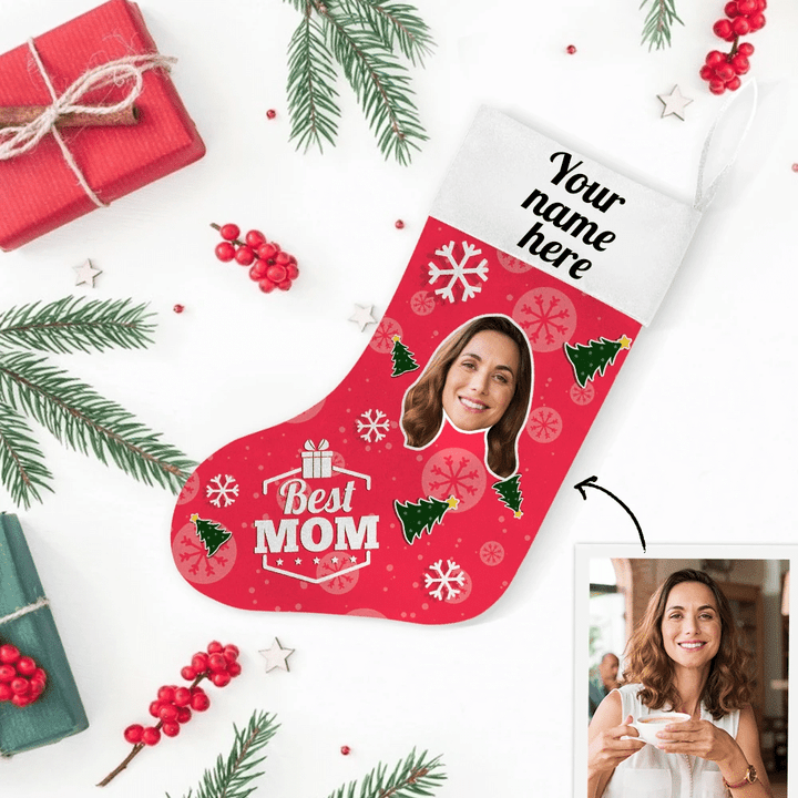 Falling Snow Pine Tree Christmas Stocking Christmas Gift Custom Name And Photo Best Mom