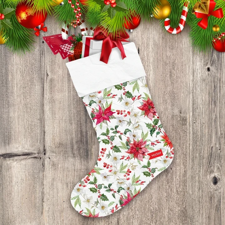 Christmas Winter White And Red Flowers Of Poinsettia Christmas Stocking
