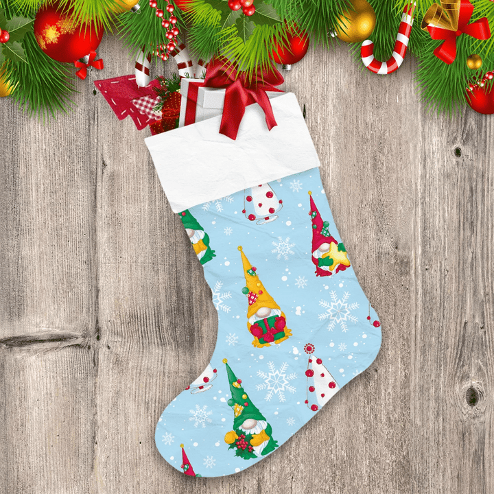 Sparkle Snowflake And Cute Gnome Trees On Blue Background Christmas Stocking