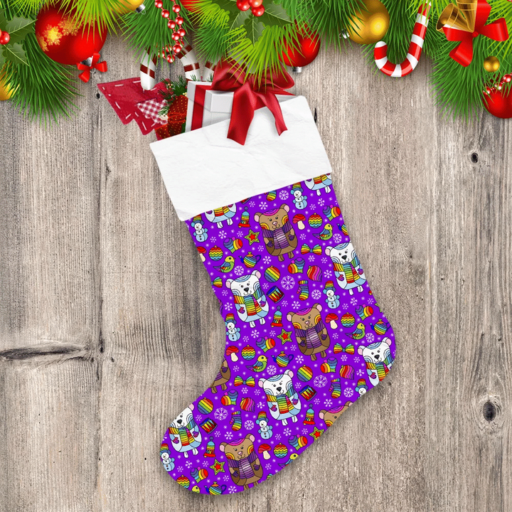 Christmas And New Year Bears Snowflakes On A Purple Background Christmas Stocking