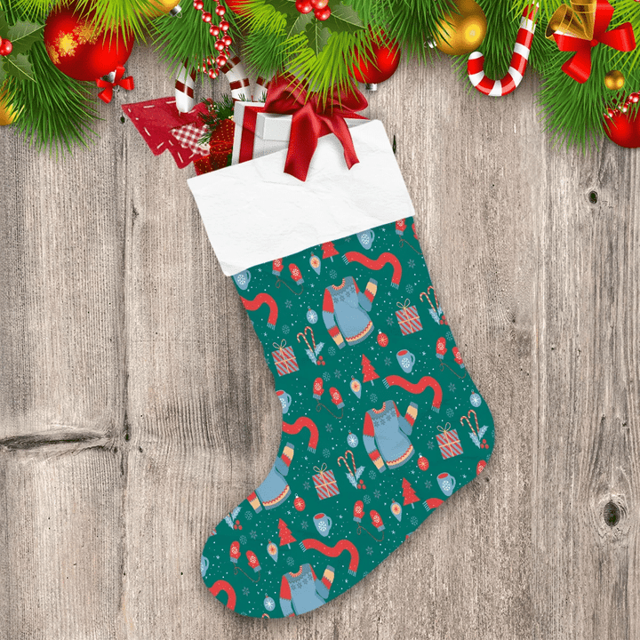 Christmas Holiday Ornaments And Winter Clothes Red Scarf Themed Pattern Christmas Stocking