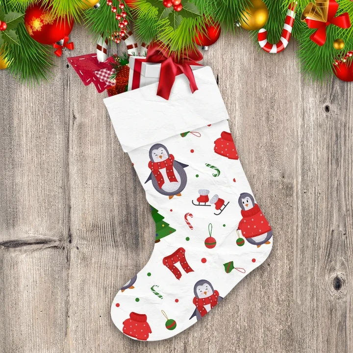 Theme Christmas Penguins In A Knitted Red Sweater Christmas Stocking