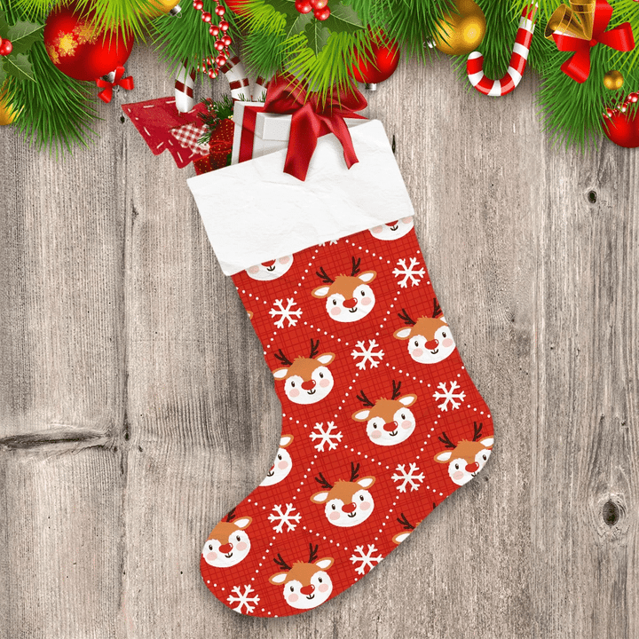 Lovely Reindeer Faces And Snowflakes On Red Tartan Backgroundlovely Reindeer Faces And Snowflakes On Red Tartan Background Christmas Stocking