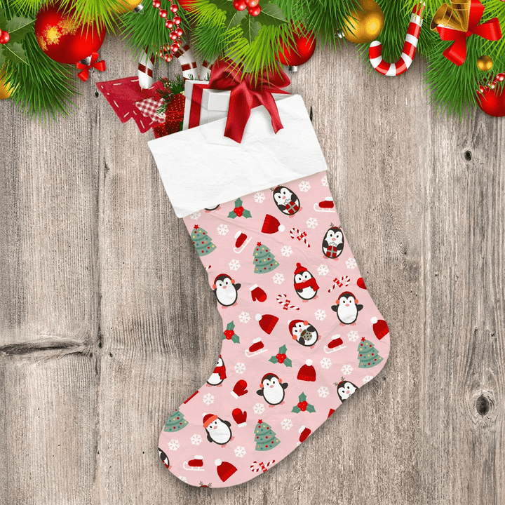 Chubby Penguin Winter Clothing And Snowflakes Holly Berries Christmas Stocking