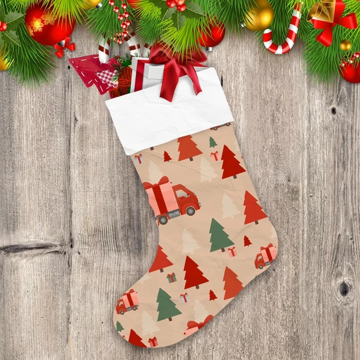 Beautiful Christmas Tree Forest With A Truck Carries Big Gift Christmas Stocking