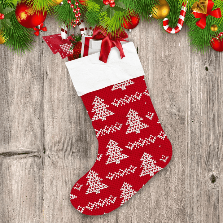 White Small Christmas Trees On Red Background Christmas Stocking