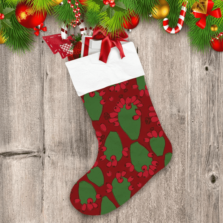 Christmas With Red Green Cactus On Red Background Christmas Stocking