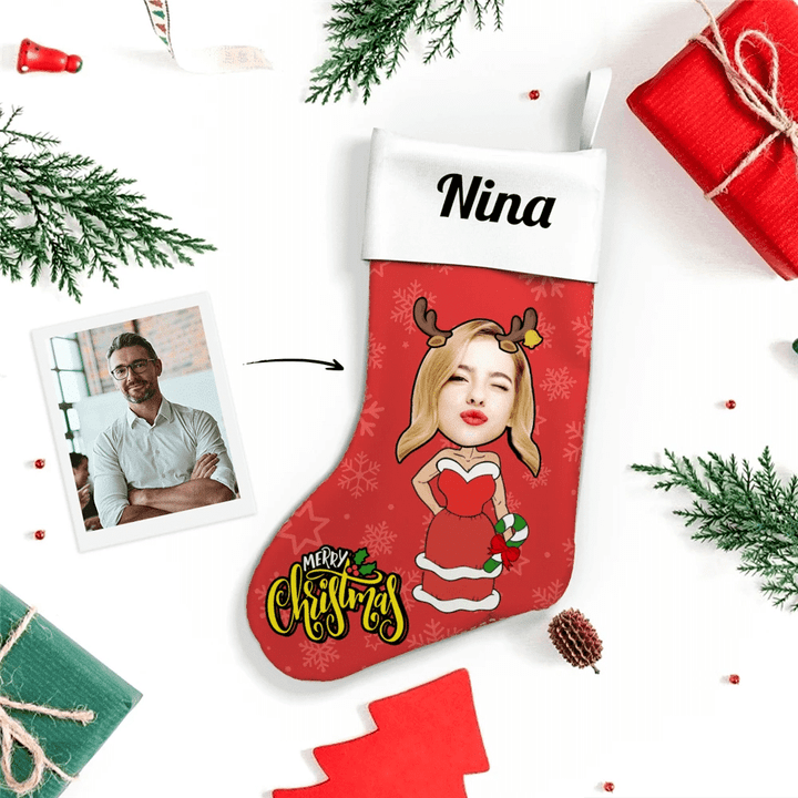 Custom Face Christmas Stocking Christmas Gift Red Dress Lady With Text