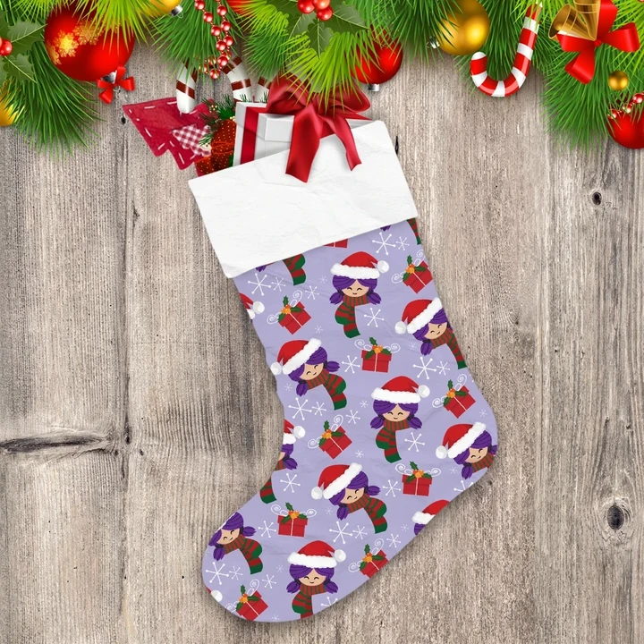 Christmas Holiday Pattern Of Happy Girl Wear Santa Hat And Striped Scarf Christmas Stocking