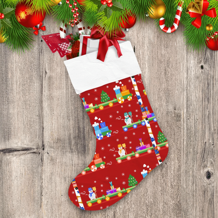 Happy Christmas Train Carries Tree Red Background Christmas Stocking