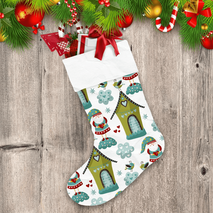 Cute Birds Clouds Gnomes And Houses Illustration Christmas Stocking
