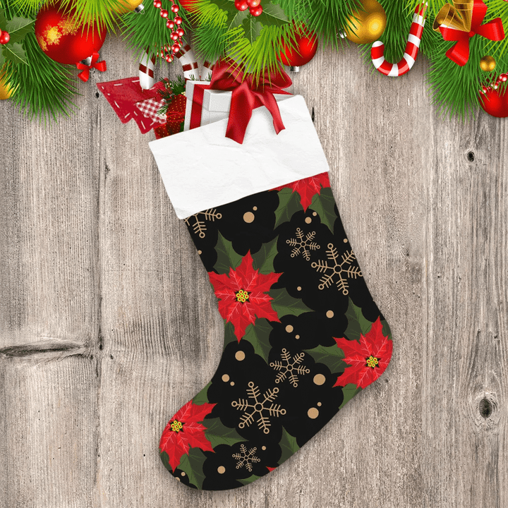 Red Poinsettia Christmas Flowers Branches And Gold Snowflakes Christmas Stocking
