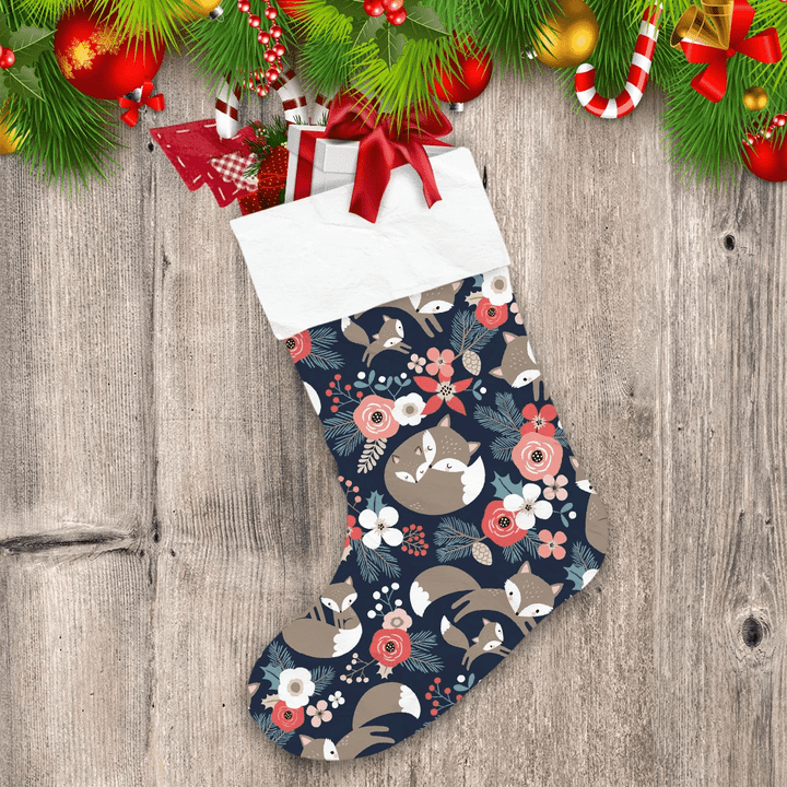 Cartoon Cute Fox Sleeping With Floral And Red Berries Christmas Stocking