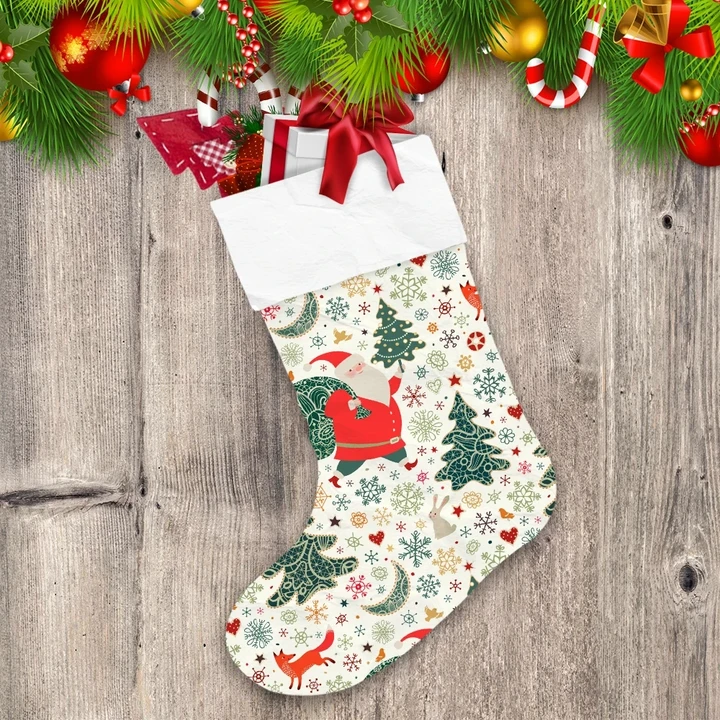 Santa Claus With Sack Of Christmas Gifts Lace Xmas Trees Christmas Stocking