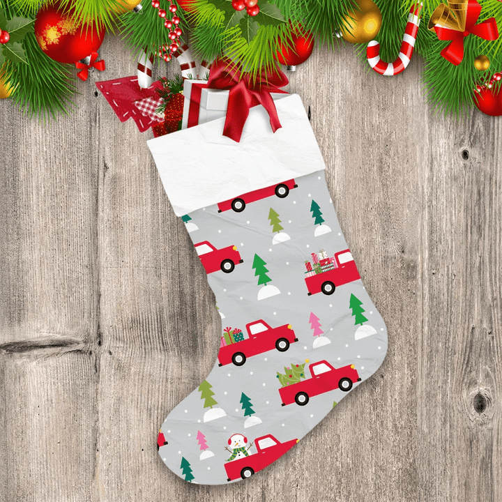 Funny Trip On Red Truck With Snowman And Gift Boxes Pattern Christmas Stocking