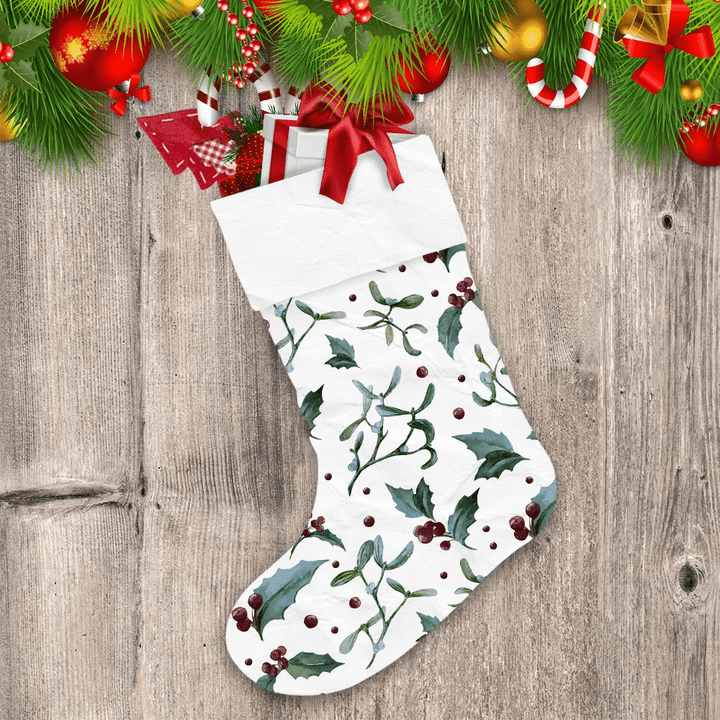 Trendy Watercolor Painted With Misteltoe And Red Berries Christmas Stocking