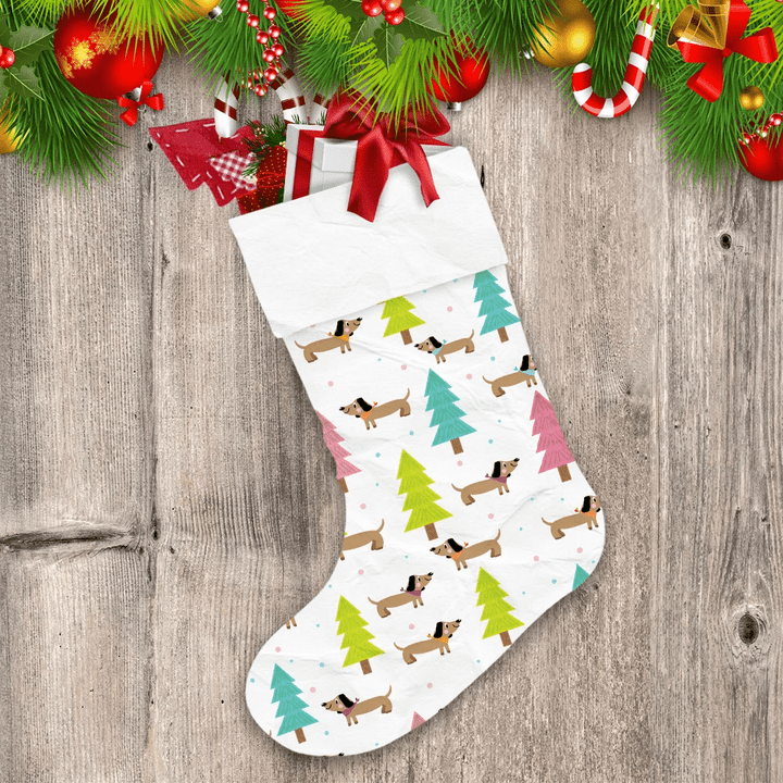 Colorful Christmas Trees And Dachshund Dog Christmas Stocking