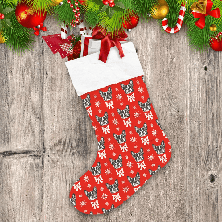 Bulldogs Snowflakes And Bows On A Red Background Christmas Stocking