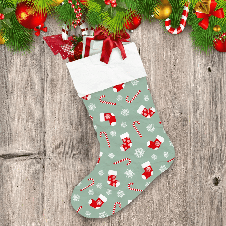 Christmas Red Socks Candy Canes And White Snowflakes Christmas Stocking