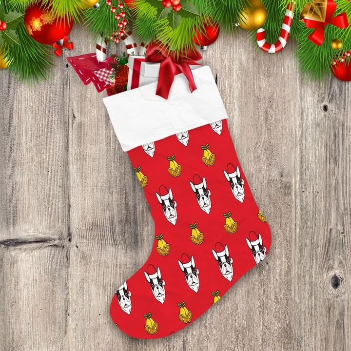 Cute French Bulldog Santa Claus With Bells On Red Background Christmas Stocking