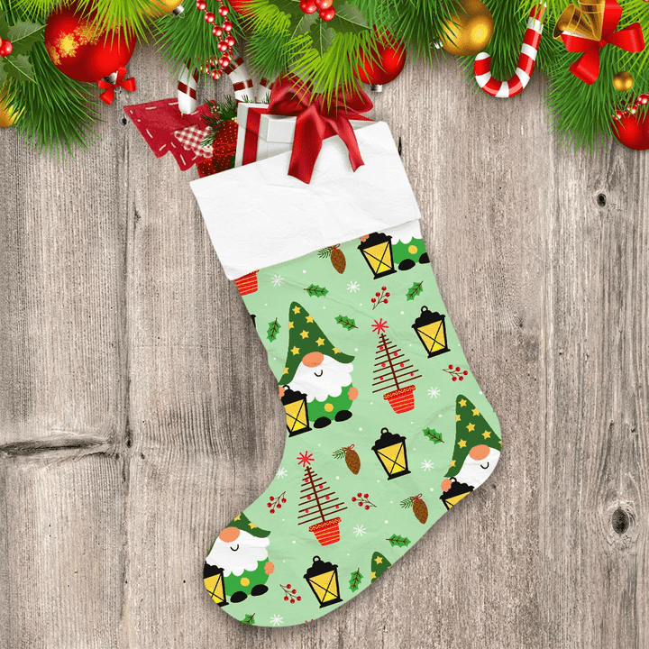 Aged Gnomes With Lantern And Trees Pattern Christmas Stocking