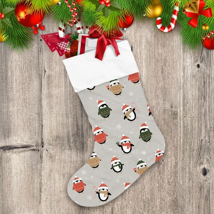 Christmas Winter Cute Penguin On Silver Background Christmas Stocking