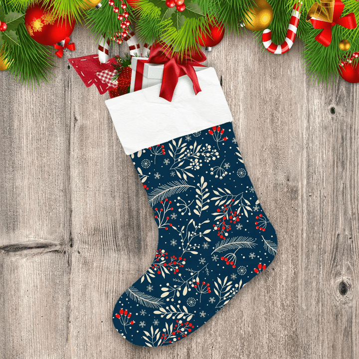 Merry Christmas Tree Branches And Red Berries On Dark Blue Background Christmas Stocking
