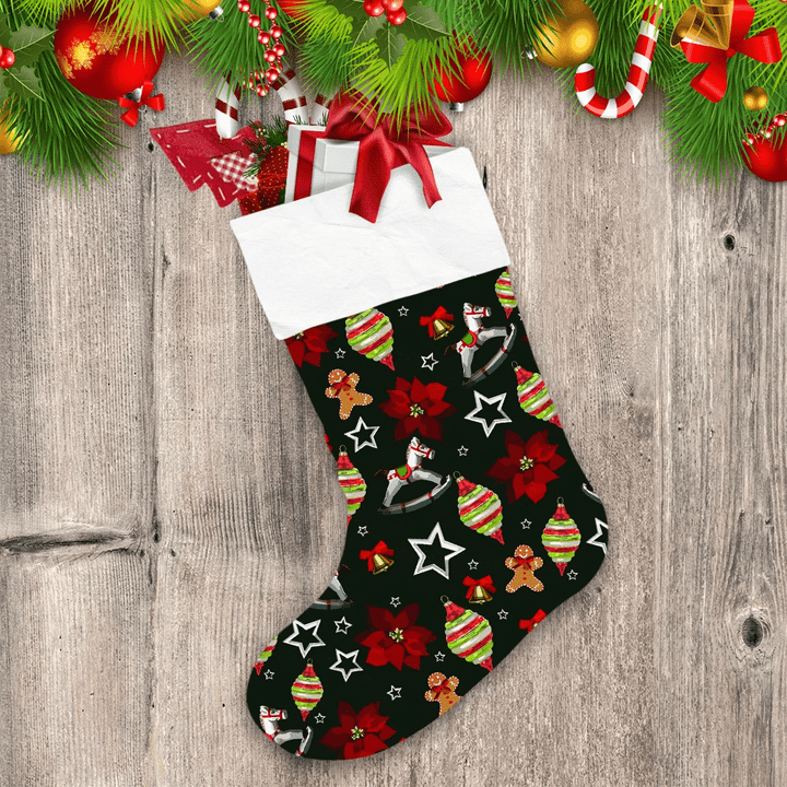 Christmas Background With Toys Gingerbread Man And Horse Toy Christmas Stocking Christmas Gift