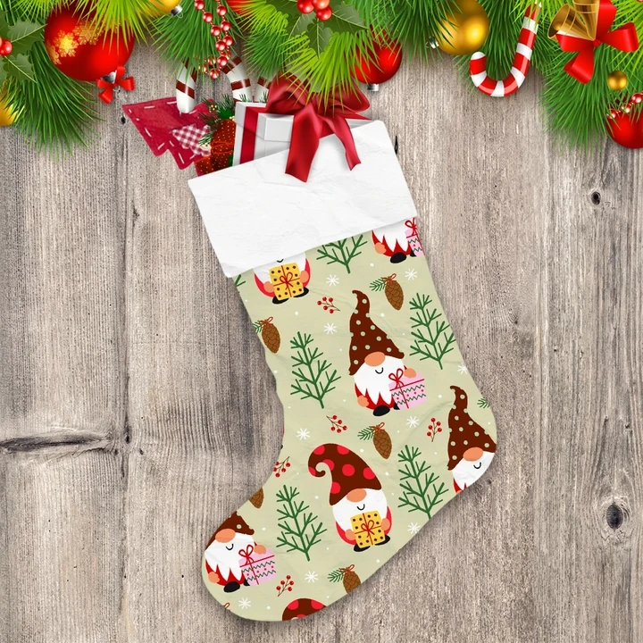 Cute Gnomes Wearing Dotted Hat Christmas Tree Pattern Christmas Stocking