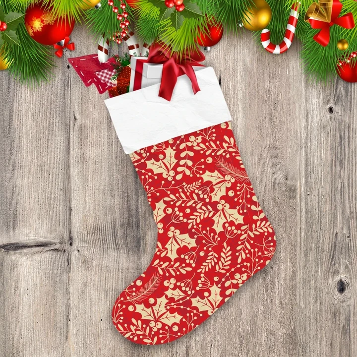 Christmas In Red Beige With Holly Leaves And Berries Christmas Stocking