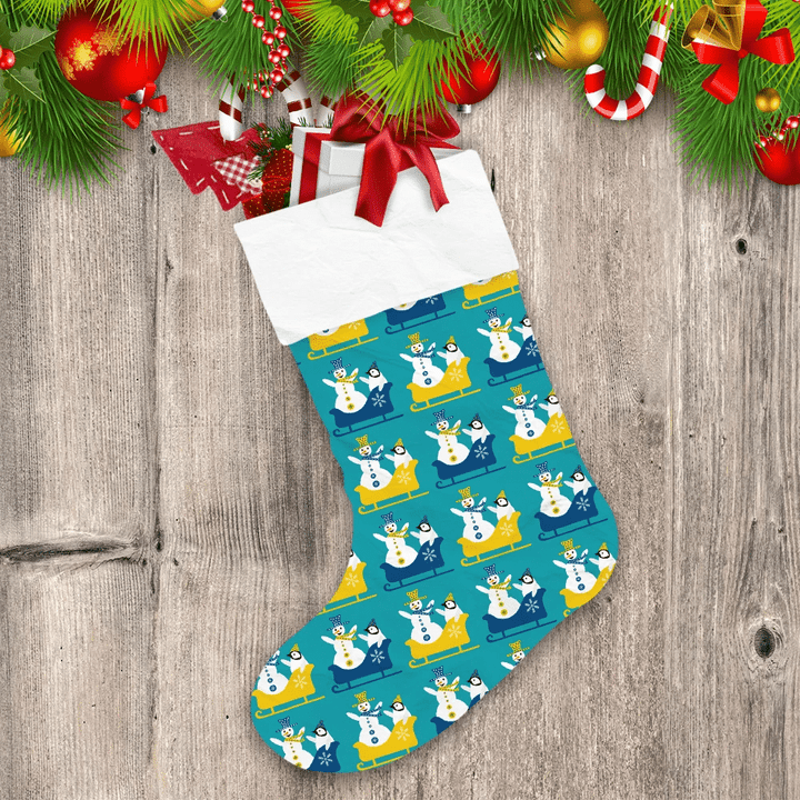 Christmas Snowman And Baby Penguin Sledging Christmas Stocking